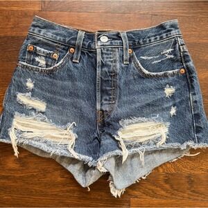 Levis 501 Original Distressed High Rise Denim Shorts Medium Wash Blue Womens 24